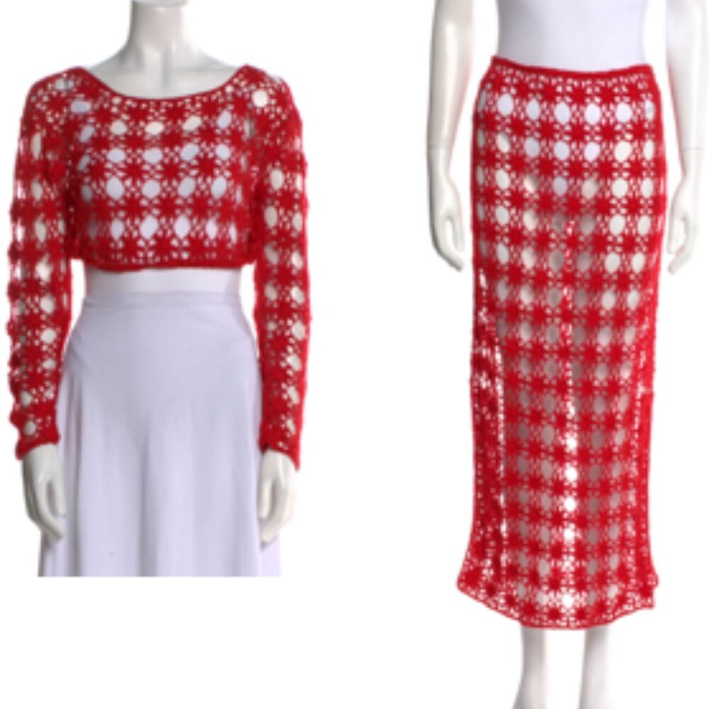 Anna Kosturova Bateau Neckline Long Sleeve Crop Top AND Midi Length Skirt - S